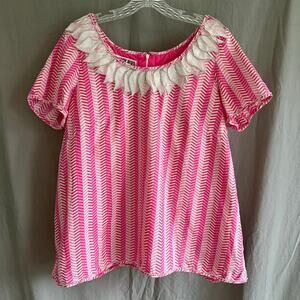 Vintage 60s‎ Boyet Dysico Haute Couture Chevron Blouse Pearl Leaf Trim Pink XL